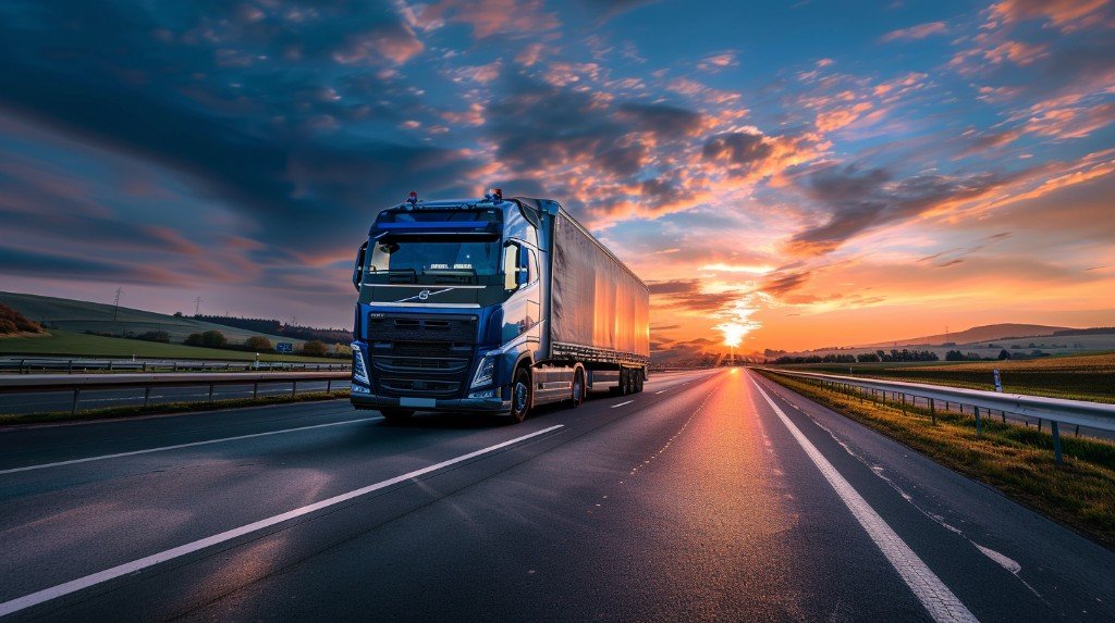 Tracteur et semi-remorque sur autoroute